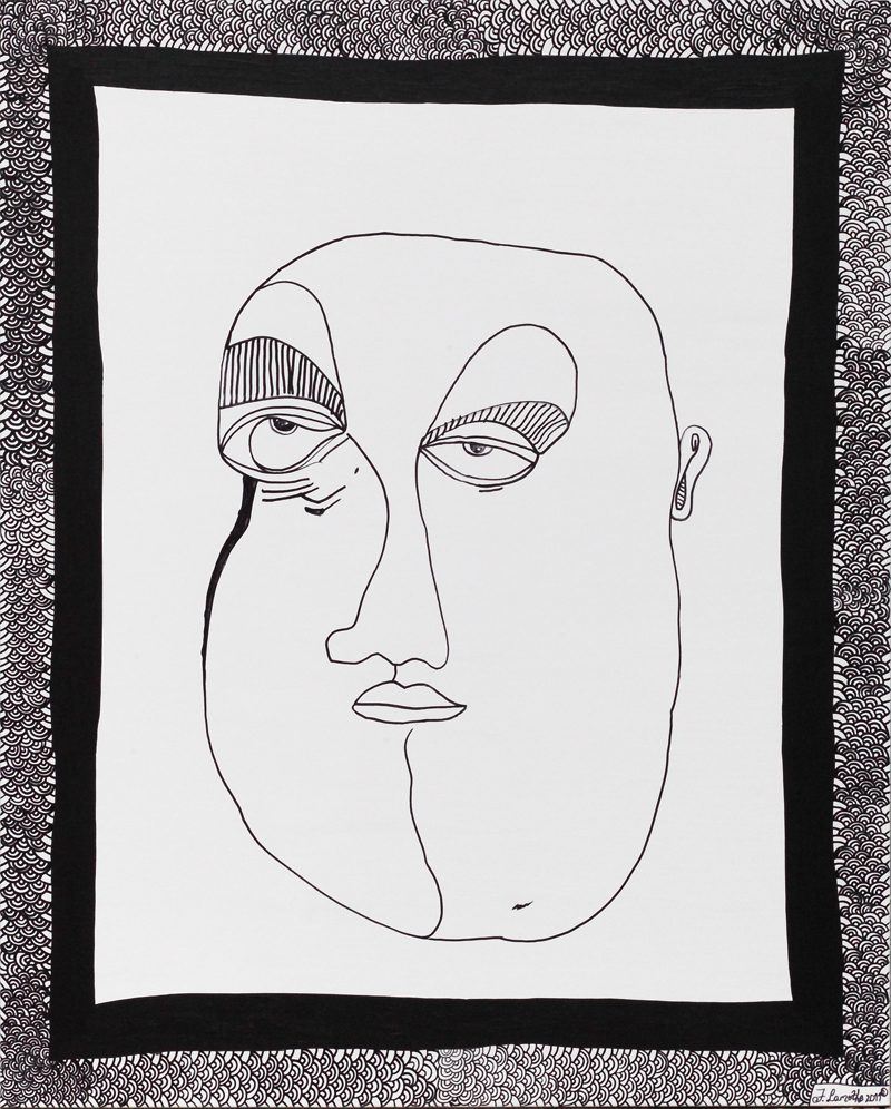 Alfred Hitchcock: a face drawn in a single continuous line on white, inside a black stippled border, drawing by Frantz Lamothe