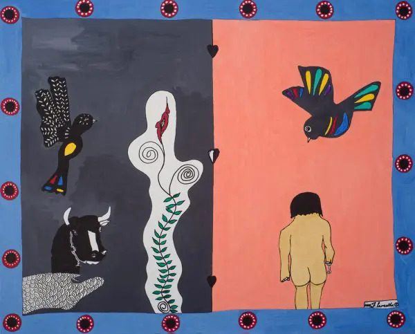 Painting by Frantz Lamothe: a figure seen from behind on a pink field, a bird and a bull opposite, inside a painted blue border
