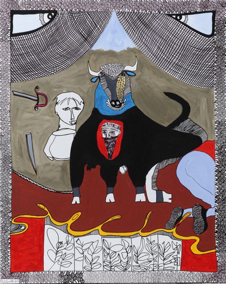 Bull Fight: a black bull and a pale figure with a sword on an ochre ground, edged with a grey wave pattern, work by Frantz Lamothe