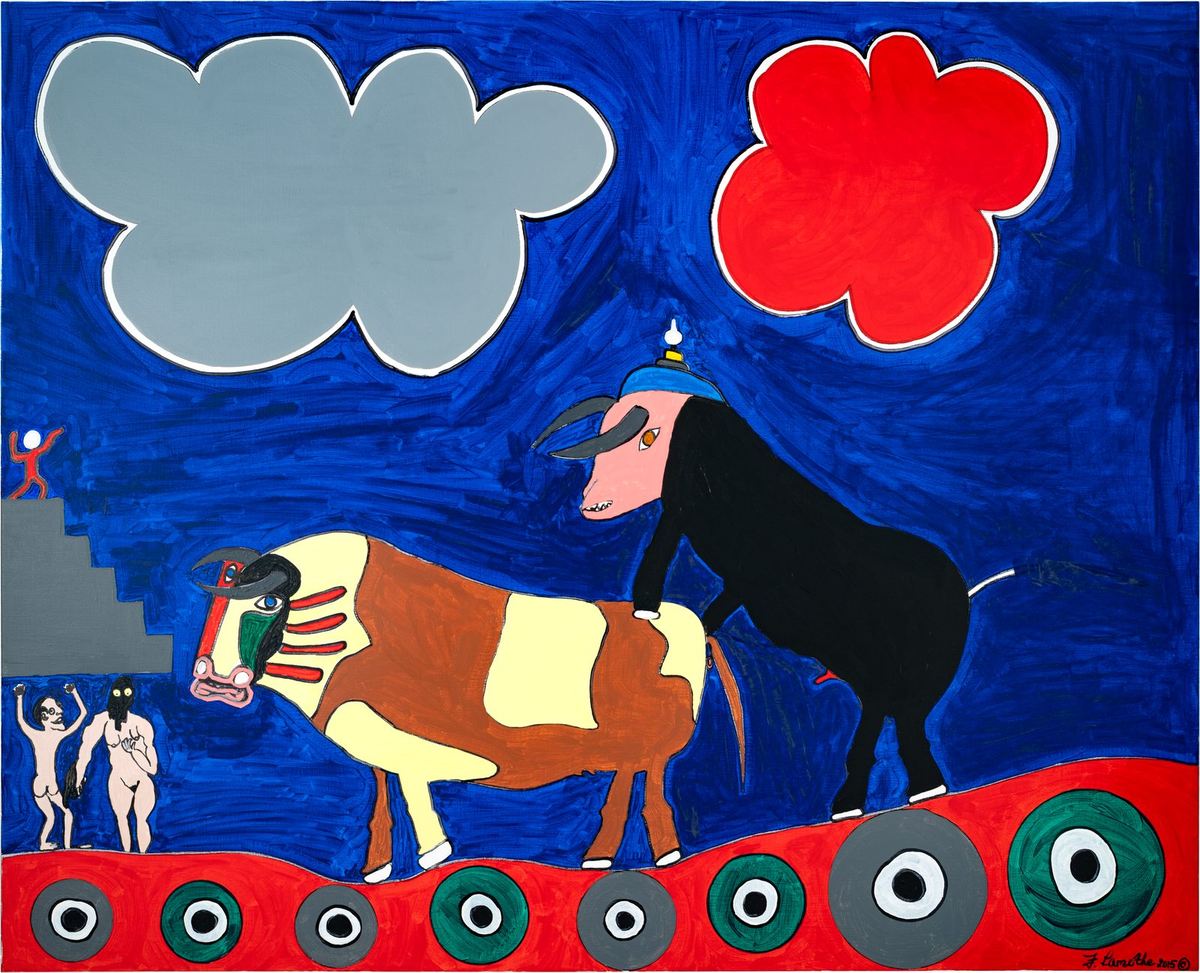 Cow Playing: a brown and a black cow above a red band of circles under a blue sky, painting by Frantz Lamothe