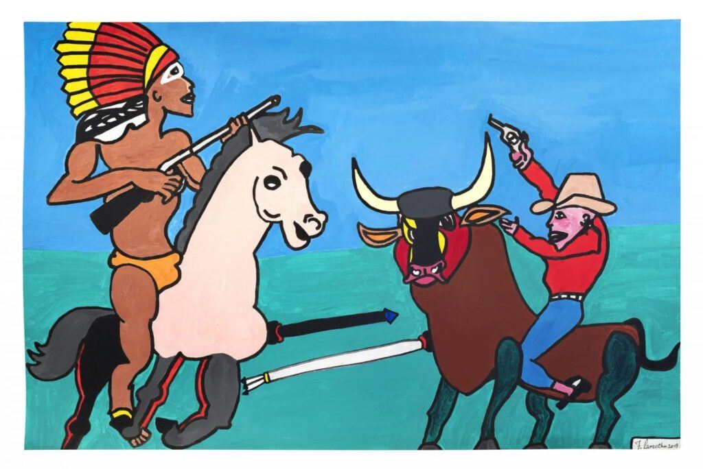Cowboy and Indiana: a rider in a feather headdress and a cowboy on a bull against a turquoise ground, painting by Frantz Lamothe