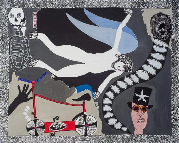 Framed work by Frantz Lamothe: a figure on a bicycle and a bird against a grey ground