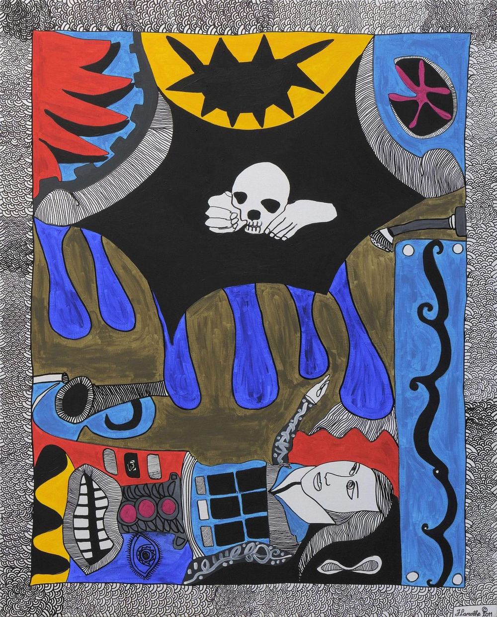Drinking Hall: a dark central shape with a skull, framed by red and blue forms, painting by Frantz Lamothe