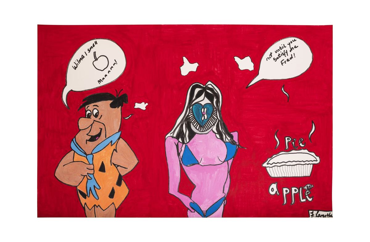 Flintstones: two cartoon figures in conversation on a red ground, painting by Frantz Lamothe