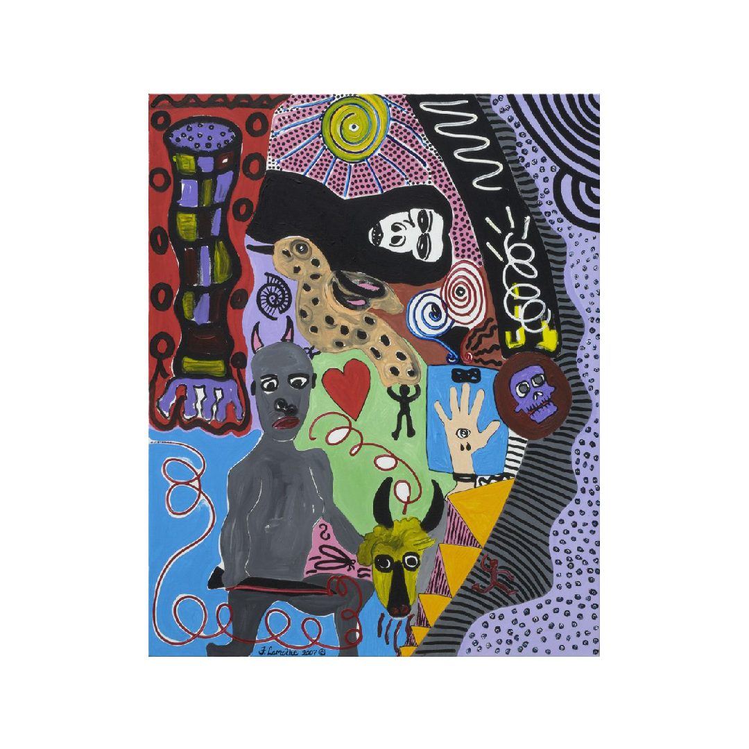 Gorilla: a figure built from dense pattern and colour on a patterned ground, painting by Frantz Lamothe