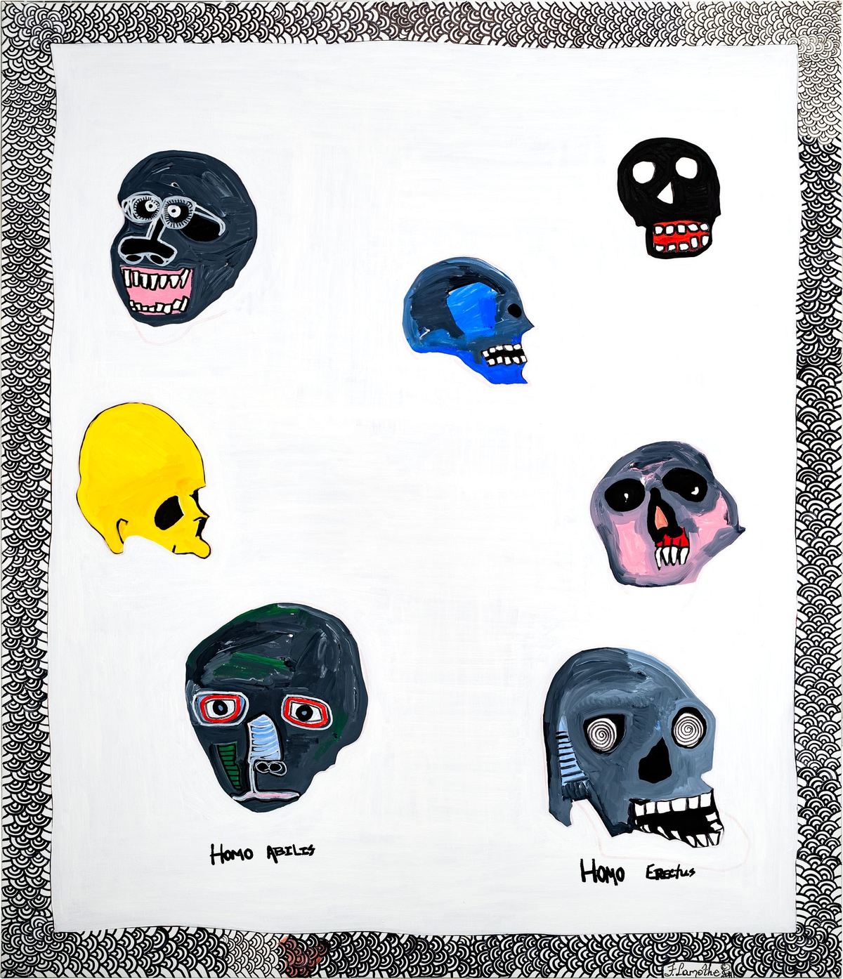 Homo Habilis: seven painted skulls arranged on a white ground inside a stippled border, painting by Frantz Lamothe