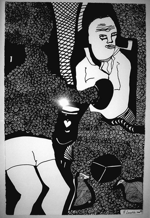 Joe Louis: a boxer throwing a punch, drawn in ink on a stippled ground, drawing by Frantz Lamothe