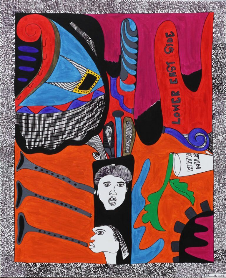 Lower East Side: orange and red shapes with faces and lettering, framed by a woven grey wave pattern, work by Frantz Lamothe