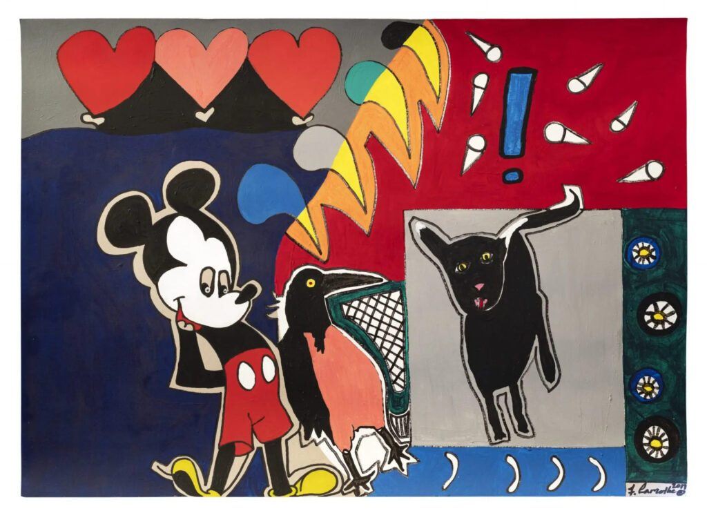 Mickey and Friend: a cartoon mouse beside a snarling black cat on a red and blue ground, painting by Frantz Lamothe