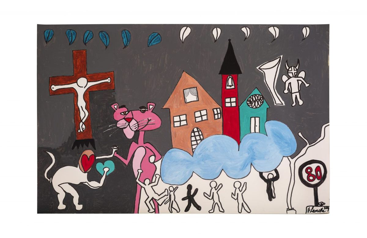 Pink Panther: a pink cat, a crucifixion and a row of houses on a grey ground, painting by Frantz Lamothe