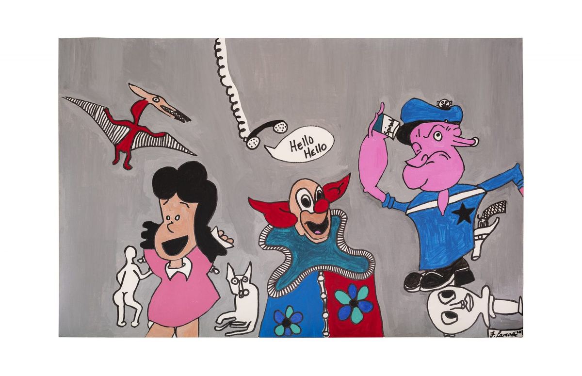 Popeye and Friends: cartoon figures greeting each other across a grey ground, painting by Frantz Lamothe