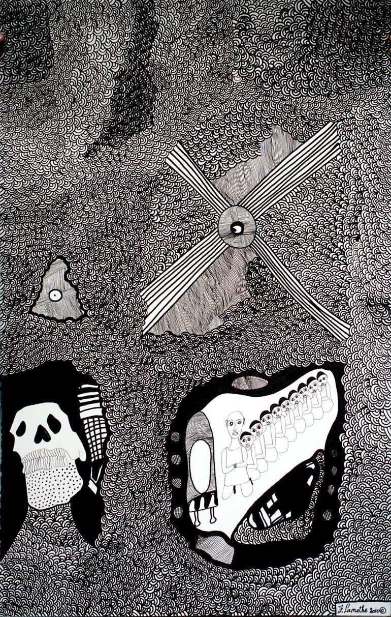 Religion: a cross, a skull and an animal skull on a stippled grey ground, drawing by Frantz Lamothe