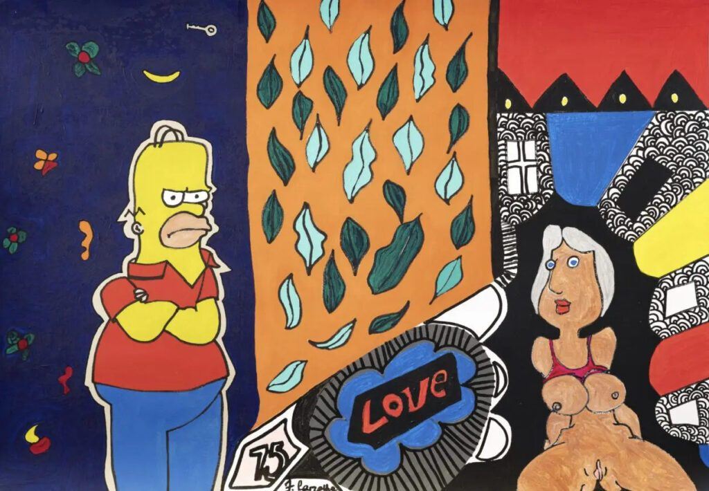 Simpson and Mistress: a cartoon man with folded arms beside a window of orange and a figure at the right, painting by Frantz Lamothe