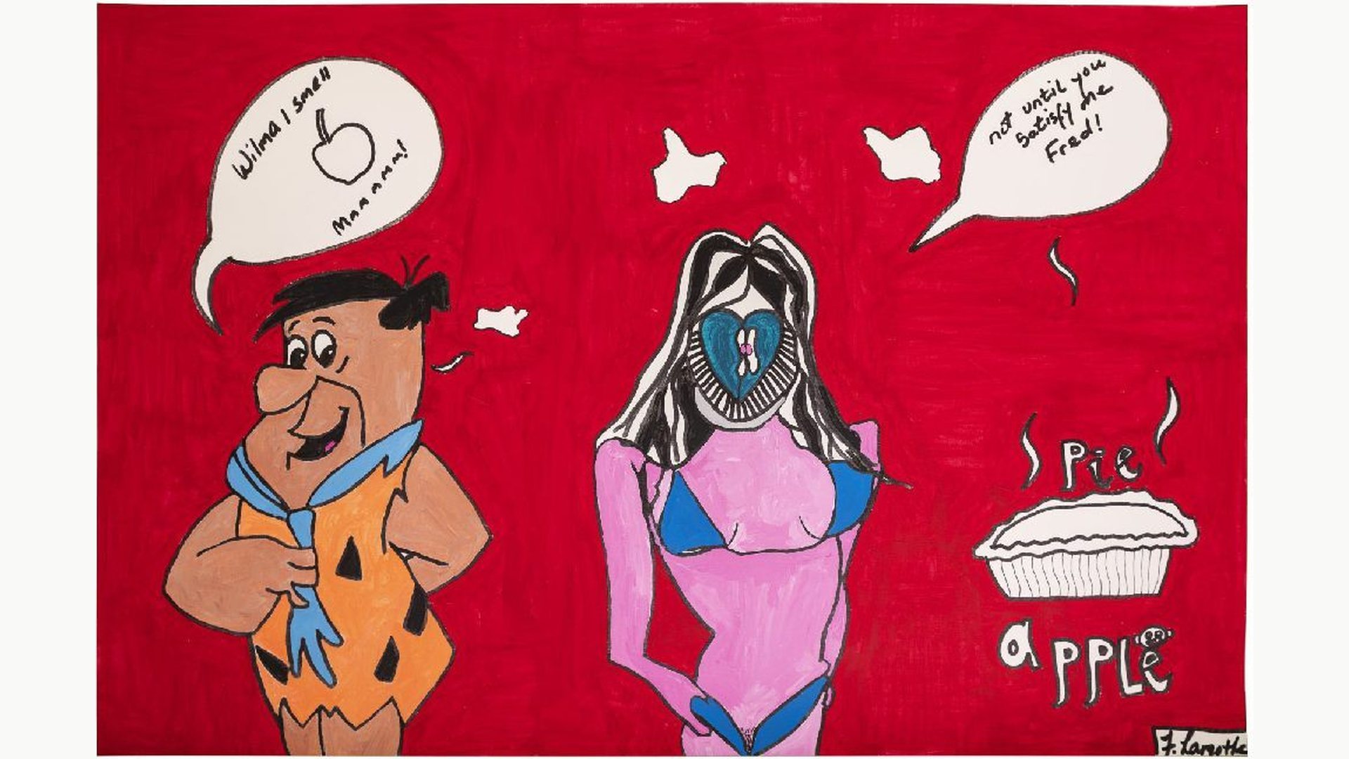 Flintstones: two cartoon figures in conversation on a red ground, painting by Frantz Lamothe