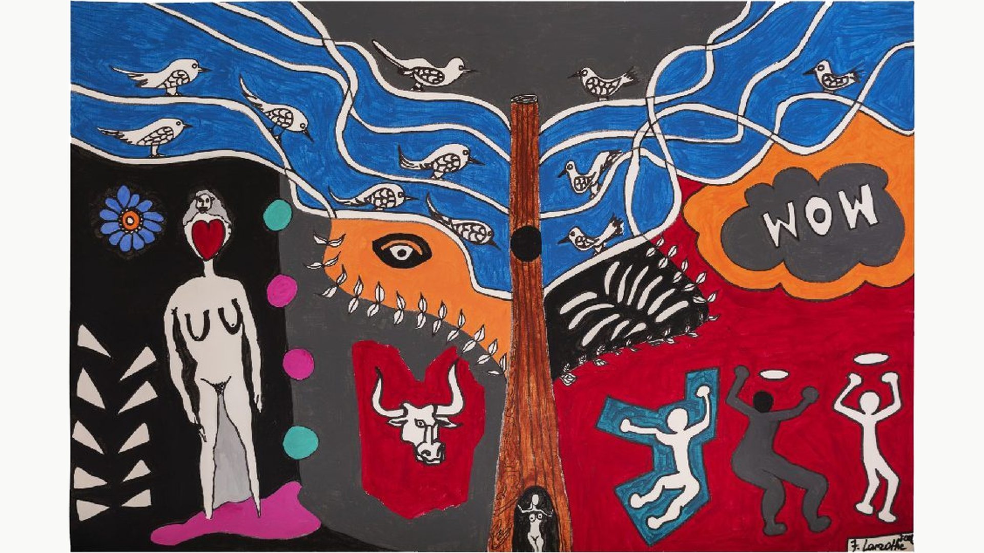 WOW: figures, birds and a bull beneath a speech bubble reading WOW, painting by Frantz Lamothe