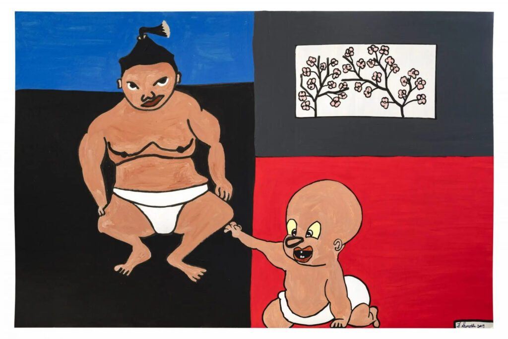 Sumo and Child: a seated sumo wrestler reaching towards a child, painting by Frantz Lamothe