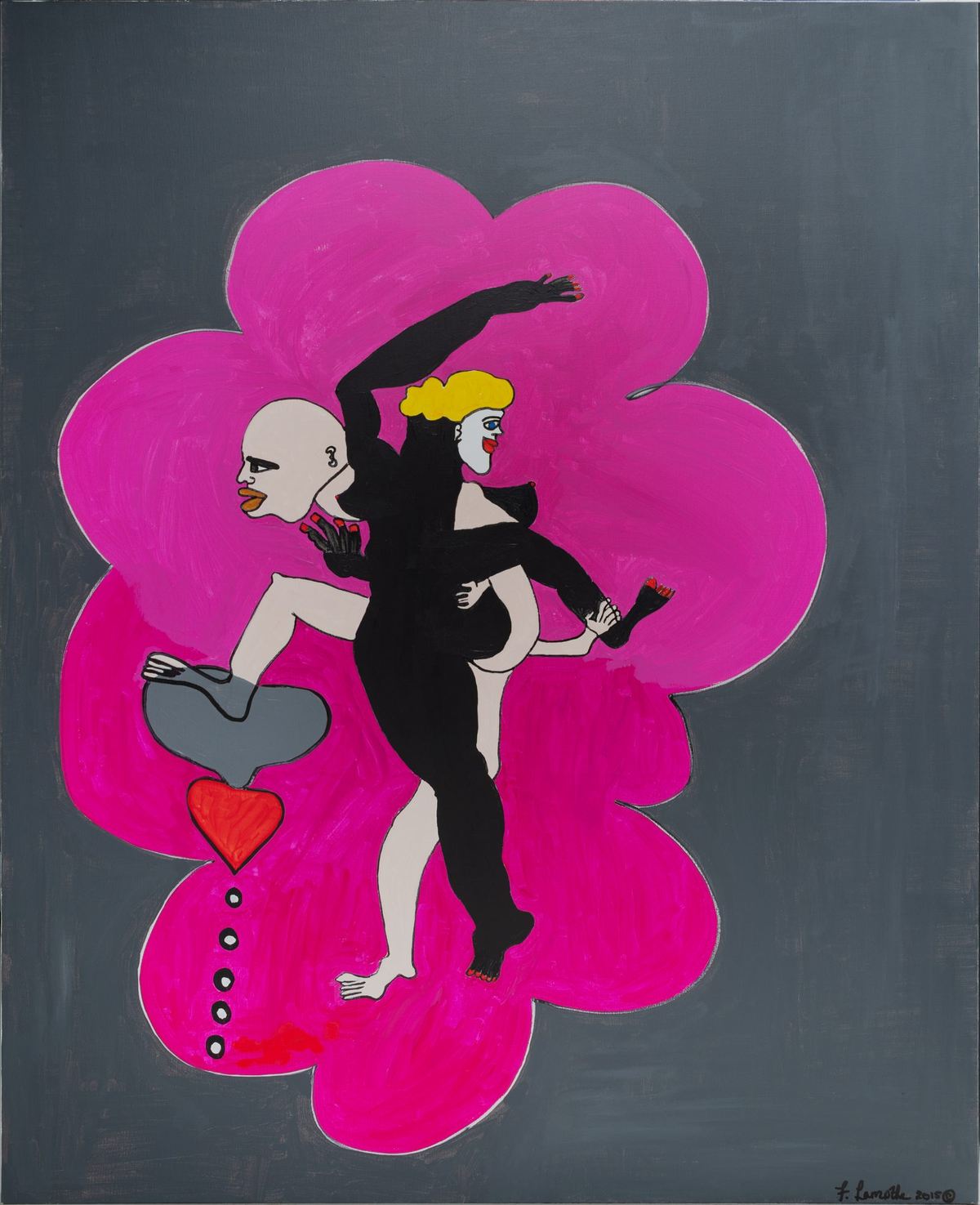 Tango Dancers: two figures dancing inside a pink cloud on a grey ground, painting by Frantz Lamothe