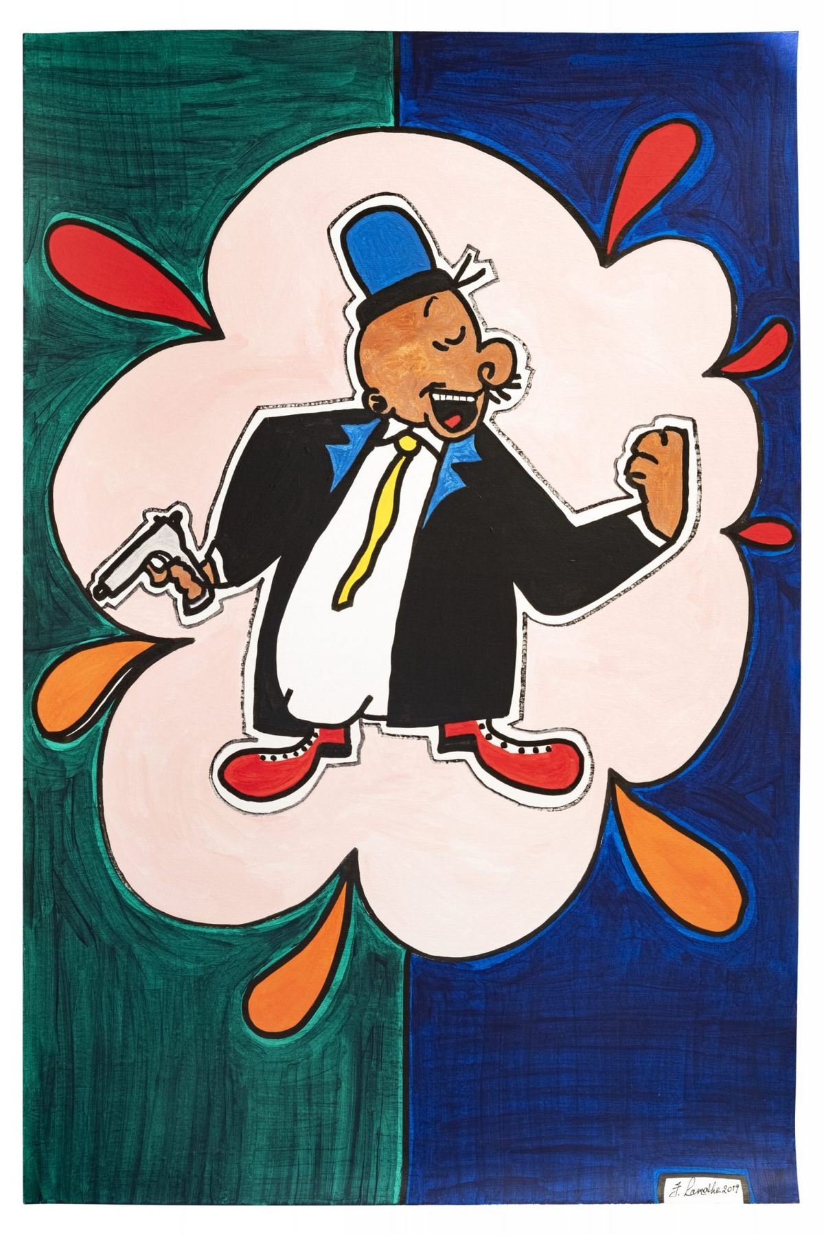 The Boss: a figure in a suit and cap inside a white cloud on a green and blue ground, painting by Frantz Lamothe