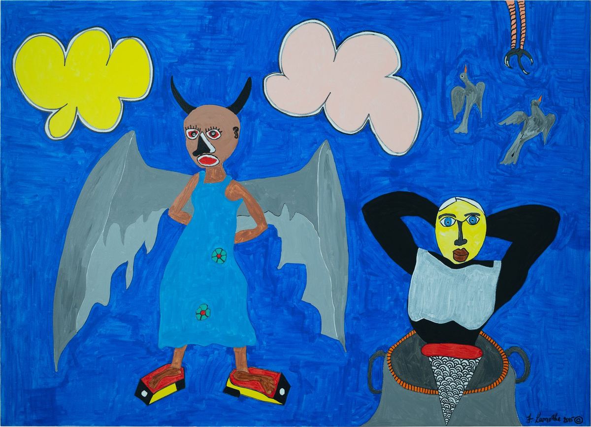 The Little Devil: a winged figure and a seated figure on a deep blue ground, painting by Frantz Lamothe