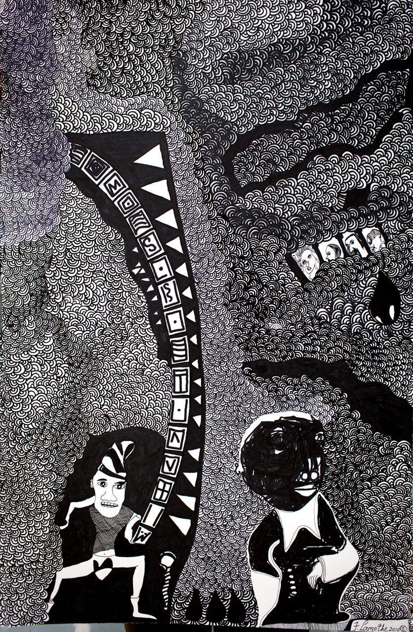 Untitled: two figures beneath a patterned arc on a stippled ground, drawing by Frantz Lamothe