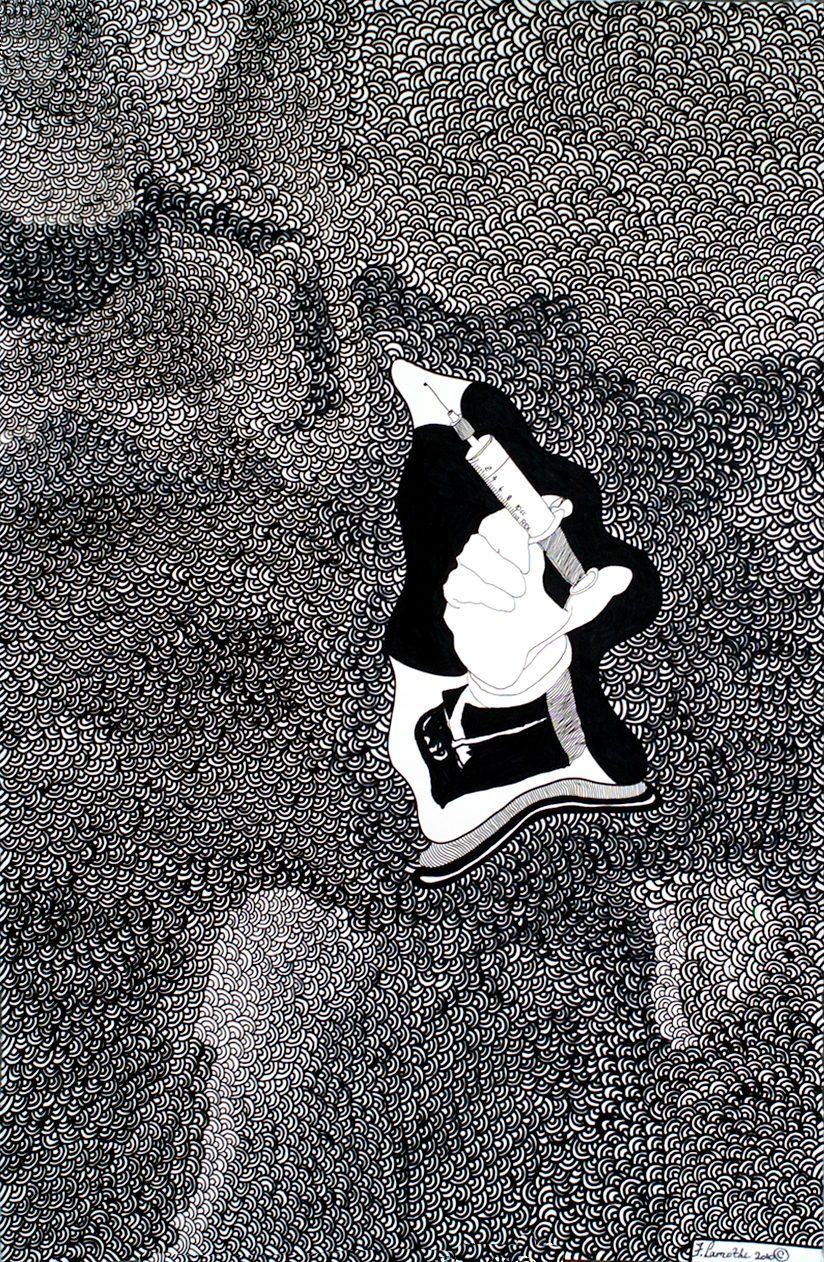 Vaccination: a small black figure on a densely stippled grey ground, drawing by Frantz Lamothe