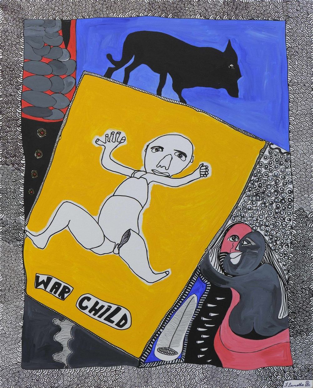 War Child: a child on a yellow panel lettered WAR CHILD, a black bull above, painting by Frantz Lamothe