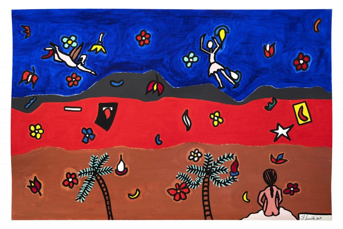 Woman Looking at the Sea: a figure and palm trees across flat bands of blue, red and brown, painting by Frantz Lamothe